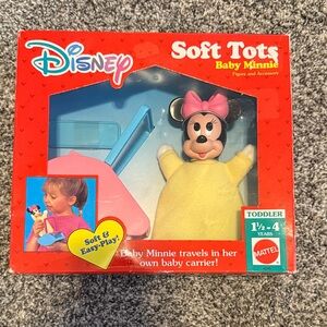 Disney Vintage Soft Tots Baby Minnie Doll - Yellow and Pink Carrier In Box
